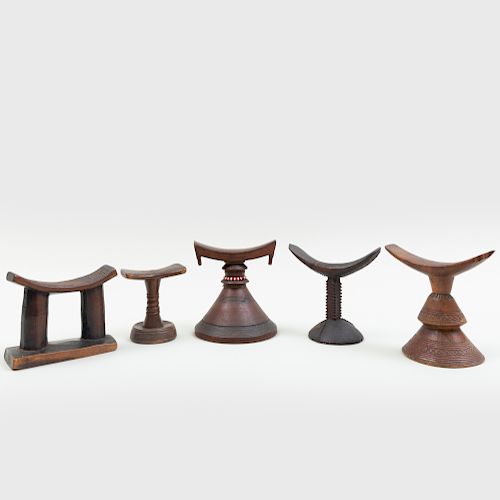 Group of Five African Wooden Headrests