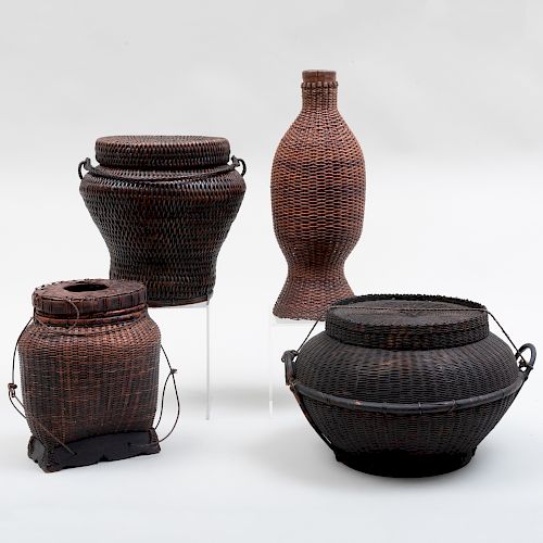 Group of Three Southeast Asian Woven Covered Baskets 