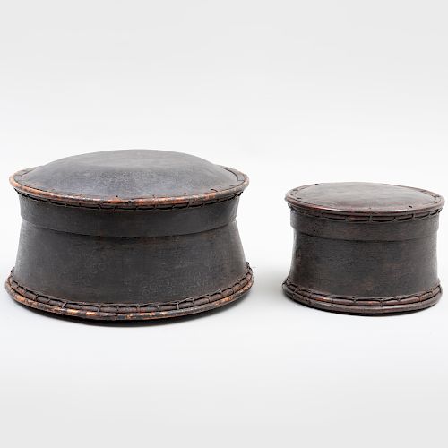 Two Southeast Asian Painted Lidded Cylindrical Bark Boxes
