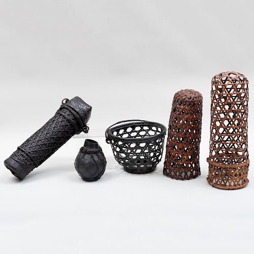 Group of Four Southeast Asian Braided Rattan Vessels 