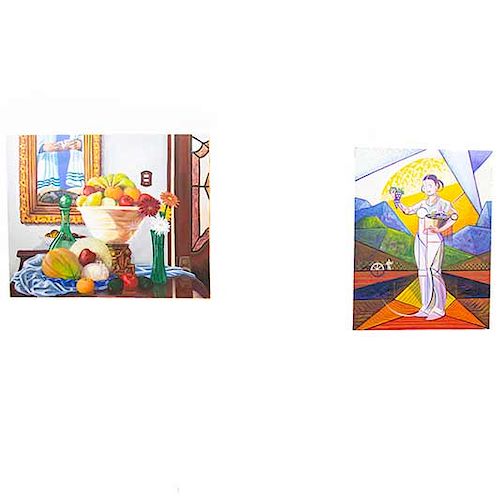 Lote de 2 obras pictóricas. Anónimo. Bodegón y Mujer con racimo de uvas. Acrílico sobre tela. Siglo XXI. Sin enmarcar. 80 x 100 cm.