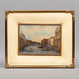 Firma sin identificar. El gran canal de Venecia. Firmado. Siglo XX. Tinta sobre marfilina. Enmarcado en metal dorado. 13 x 17 cm.