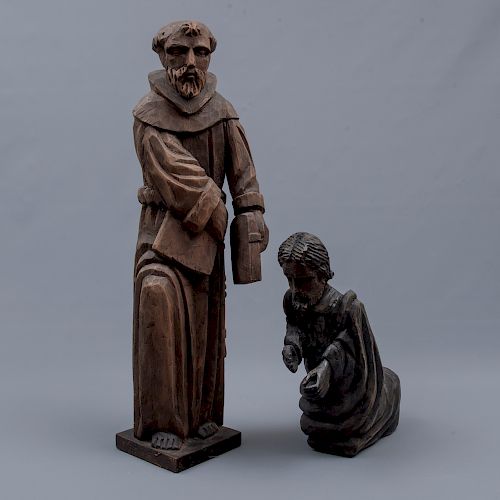 Lote de 2 esculturas religiosas. San José y San Francisco de Asís. Siglo XX. En talla de madera. Dimensiones: 60 x 16 x 19 cm. (mayor)