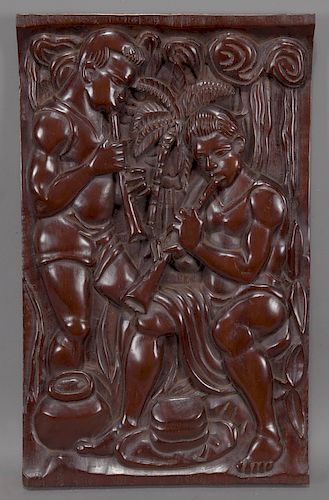 African figural wood carved plaque depicting