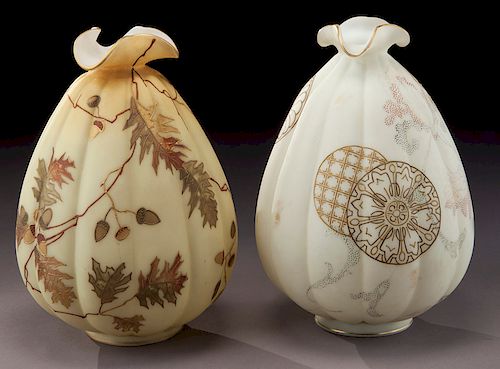 (2) Mt. Washington Crown Milano ribbed glass vases