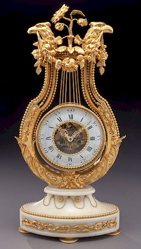 French gilt bronze lyre shaped mantel clock,