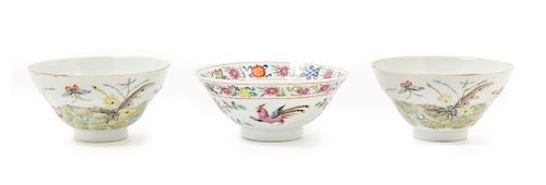 Three Chinese Famille Rose Porcelain Bowls
Each: height 2 1/2 in., 6 cm.