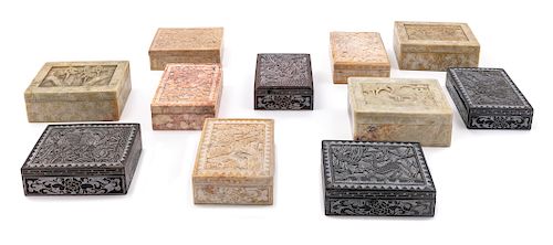 Twenty-Two Chinese Carved Soapstone Rectangular Covered Boxes
Largest: length 4 7/8 x width 1 7/8 height in., 12 x 5 cm.