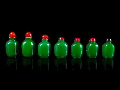 Seven Chinese Green Glass Snuff Bottles
Tallest: height 2 1/2 in., 6 cm. 