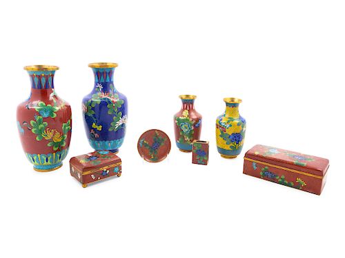Eight Chinese Cloisonne Enamel Articles
Largest: height 10 in., 25 cm. 