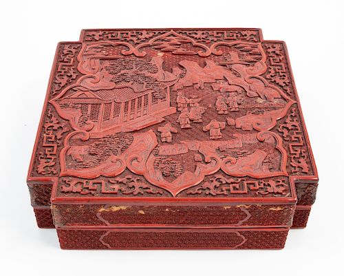 A Large Chinese Cinnabar Lacquer Square Box and Cover
Length 10 5/8 in., 27 cm.