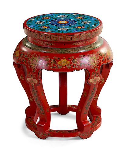 A Chinese Cloisonne Enamel Inset Tianqi and Red Lacquer Stool
Height 18 3/4 x diam 13 in., 48 x 33 cm.