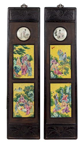 Two Chinese Famille Rose Porcelain Inset Hardwood Wall Panels
Each: length 16 1/4 x height 64 7/8 x width 1 1/8 in., 41 x 165 x 3 cm.