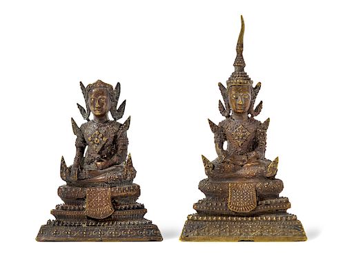 Two Thai Gilt Bronze Figures of Buddha
Larger: height 5 3/8 in., 14 cm.