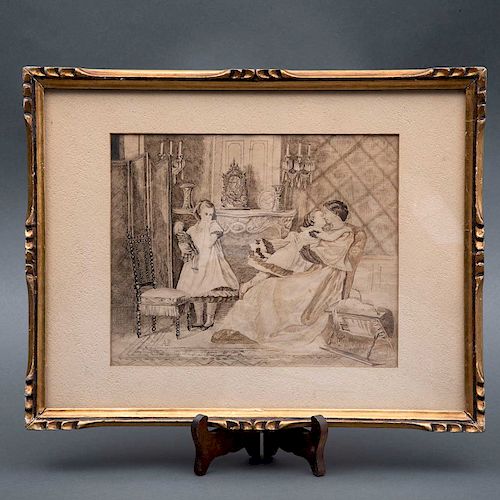 Escena de madre e hijas. Siglo XIX. Grabado, técnica punta seca sobre papel. Firma A.P. Enmarcado en madera tallada.