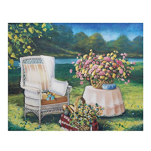 Firmado Al Arakelian. Jardin con sillón, mesa y flores. Óleo sobre tela. Firmado en placa. Enmarcado. 78 x 99 cm