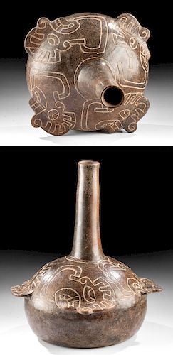 Chavin Pottery Bottle w/ Incised Trophy Heads