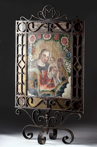 19th C. Mexican Painted Canvas Retablo w/ Copper Frame