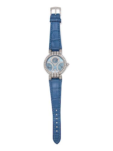 Harry Winston, 18K White Gold and Diamond 'Premier Excenter Bi-Retro Day-Date' Wristwatch
