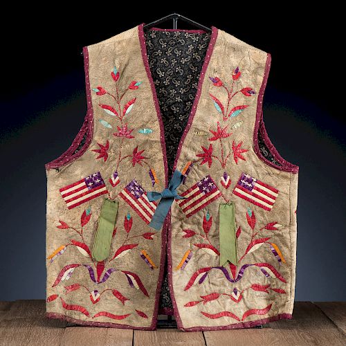 Santee Sioux Quilled Hide Vest, with American Flags, From the Stanley B. Slocum Collection, Minnesota