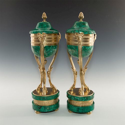 PAIR OF NEOCLASSICAL MALACHITE AND GILT MOUNT CENSERS