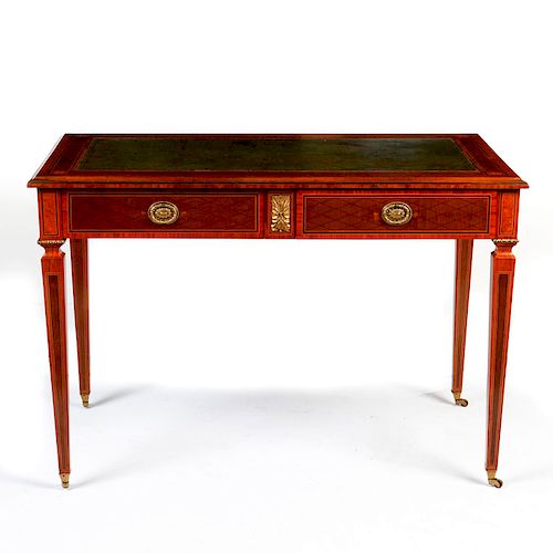ENGLISH STYLE WALNUT WRITING DESK WITH GREEN LEATHER