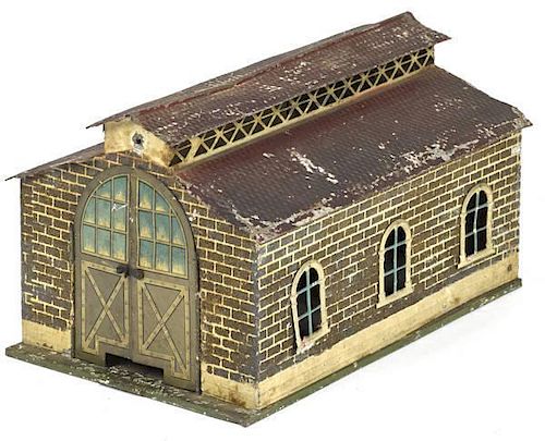 Bing painted tin train Engine shed, 8 3/4'' h., 14