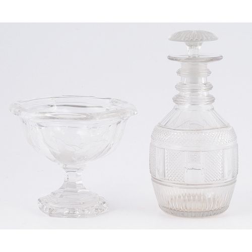 Cut Glass Decanter and Etched Compote with Hunt Scene