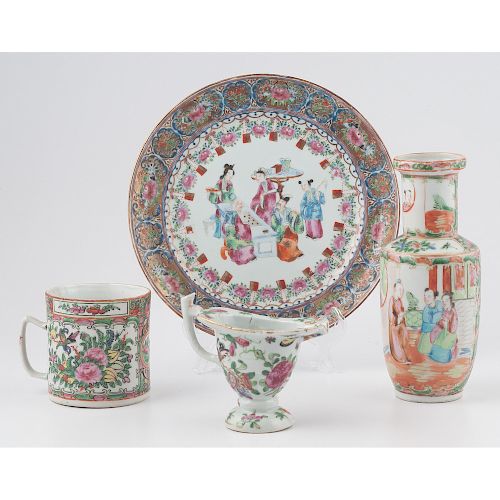 Chinese Export Rose Medallion Vase, Plate, Creamer, & Mug