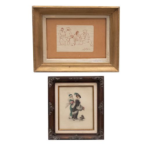 Lote de 2 obras pictóricas. Enmarcadas en madera tallada y madera dorada. Consta de: Luis Sahagún. Campesinos. y Anónimo. 36 x 28 cm.