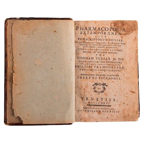 Libro del Siglo XVII. 4 obras en 1 volumen. Pharmacopoeja Extemporanea / Tabula Smaragdina /Thesaurus Ludovicianus /Enchiridion Medicum