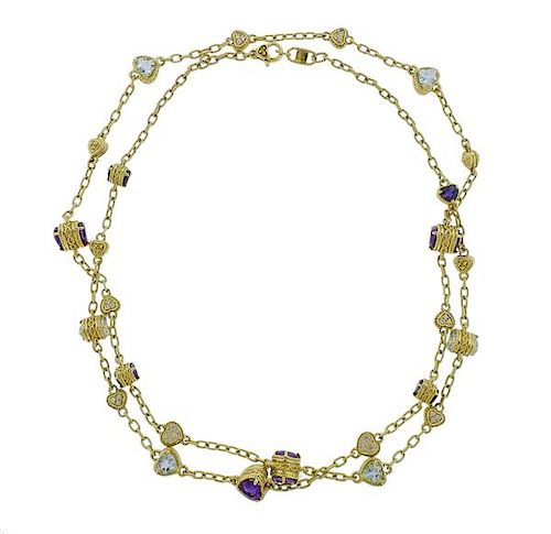 Judith Ripka 18K Gold Diamond Iolite Amethyst Necklace 