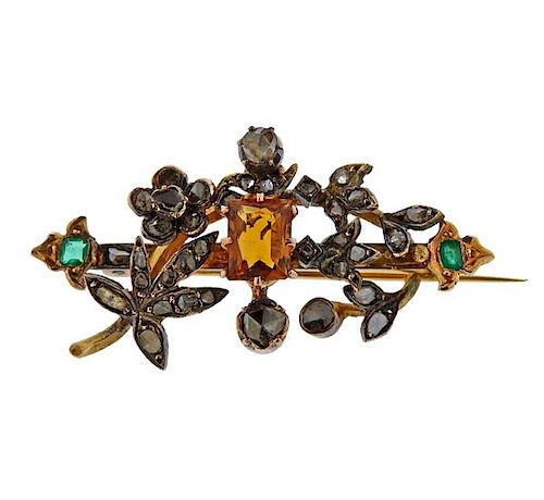 Antique 18K Gold Diamond Gemstone Brooch Pin
