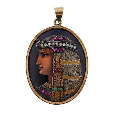 Antique 14K Gold Diamond Enamel Egyptian Portrait Pendant
