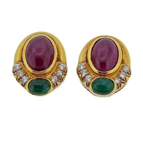 18k Gold  Diamond Ruby Emerald Cabochon Earrings