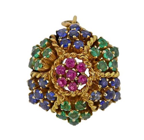 18K Gold Ruby Emerald Sapphire Charm Pendant