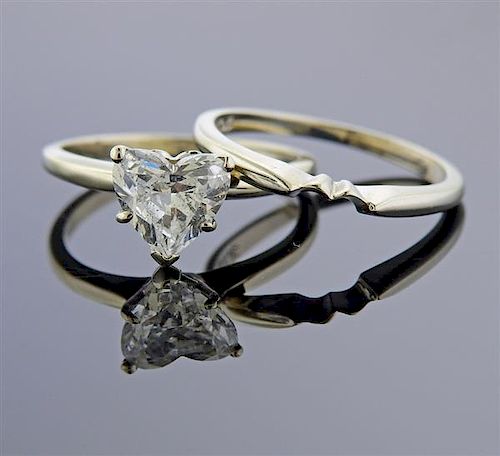 14K Gold Solitaire Diamond 1.52ct Heart Band Wedding Ring Set