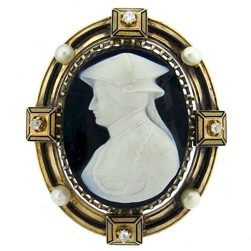 Antique 14k Gold  Diamond Natural Pearl Hardstone Cameo Brooch