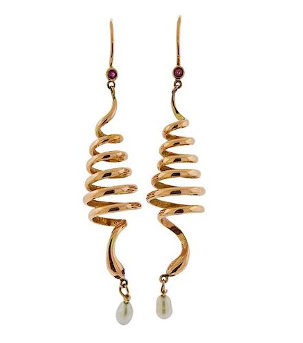 14k Gold Ruby Pearl Snake Swirl Earrings 