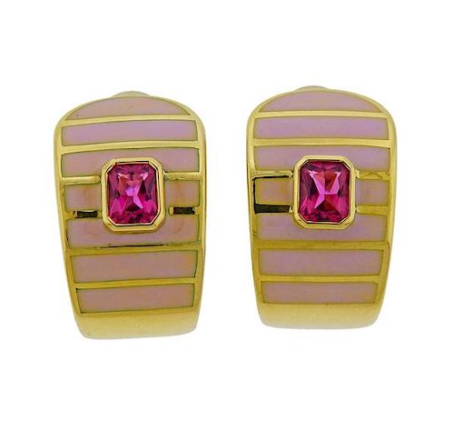 18k Gold Pink Enamel Gemstone Half Hoop Earrings 