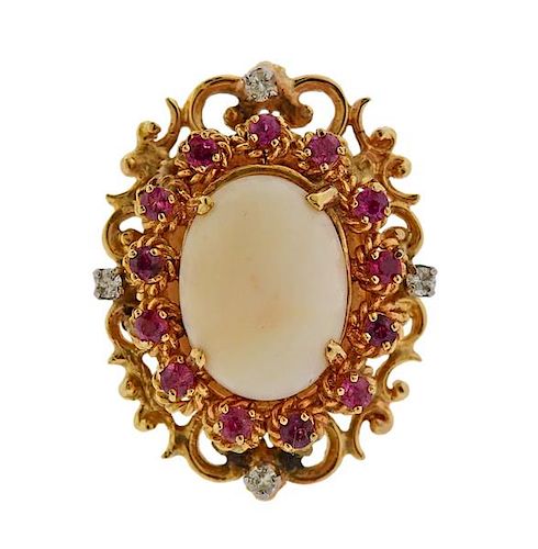 14k Gold Coral Diamond Ruby Cocktail Ring 