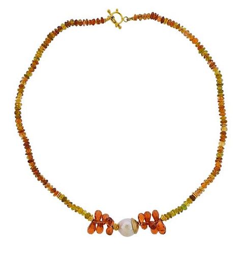 18k Gold Gemstone Bead Pearl Necklace 