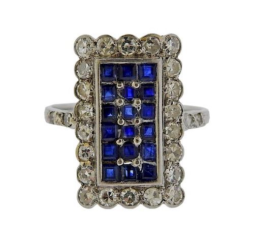 Art Deco Platinum Diamond Blue Stone Ring 