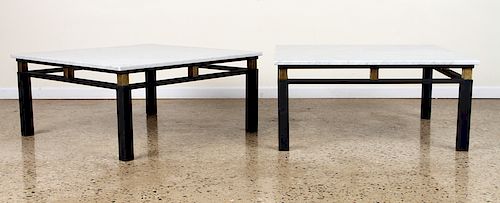 PAIR IRON BRASS MARBLE TOP COFFEE TABLES C.1975