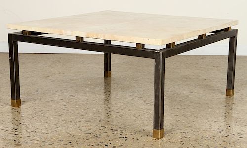 POLISHED IRON COFFEE TABLE PARCHMENT TOP C.1970