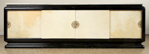 JAMES MONT STYLE MARBLE TOP EBONIZED SIDEBOARD