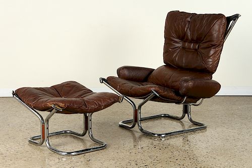  BROWN LEATHER LOUNGE CHAIR & OTTOMAN BY WESTNOFA