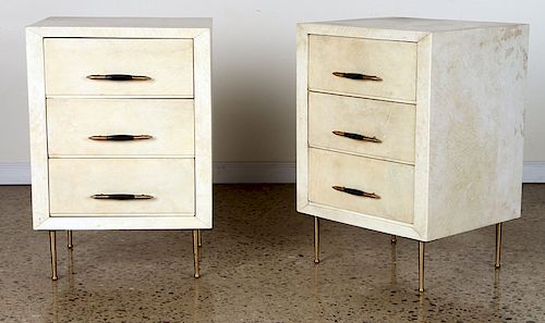 PAIR MID CENTURY MODERN PARCHMENT SIDE TABLES