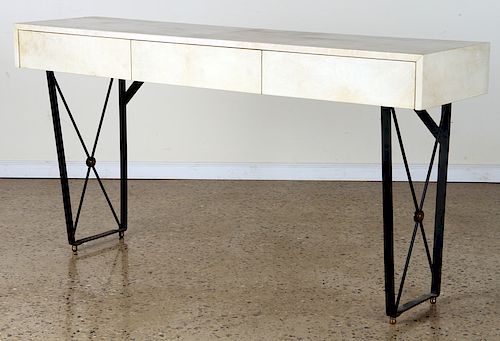 MAHOGANY PARCHMENT COVERED CONSOLE TABLE C.1950