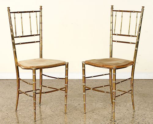 PAIR VINTAGE BRASS BAMBOO SIDE CHAIRS UPHOLSTERED